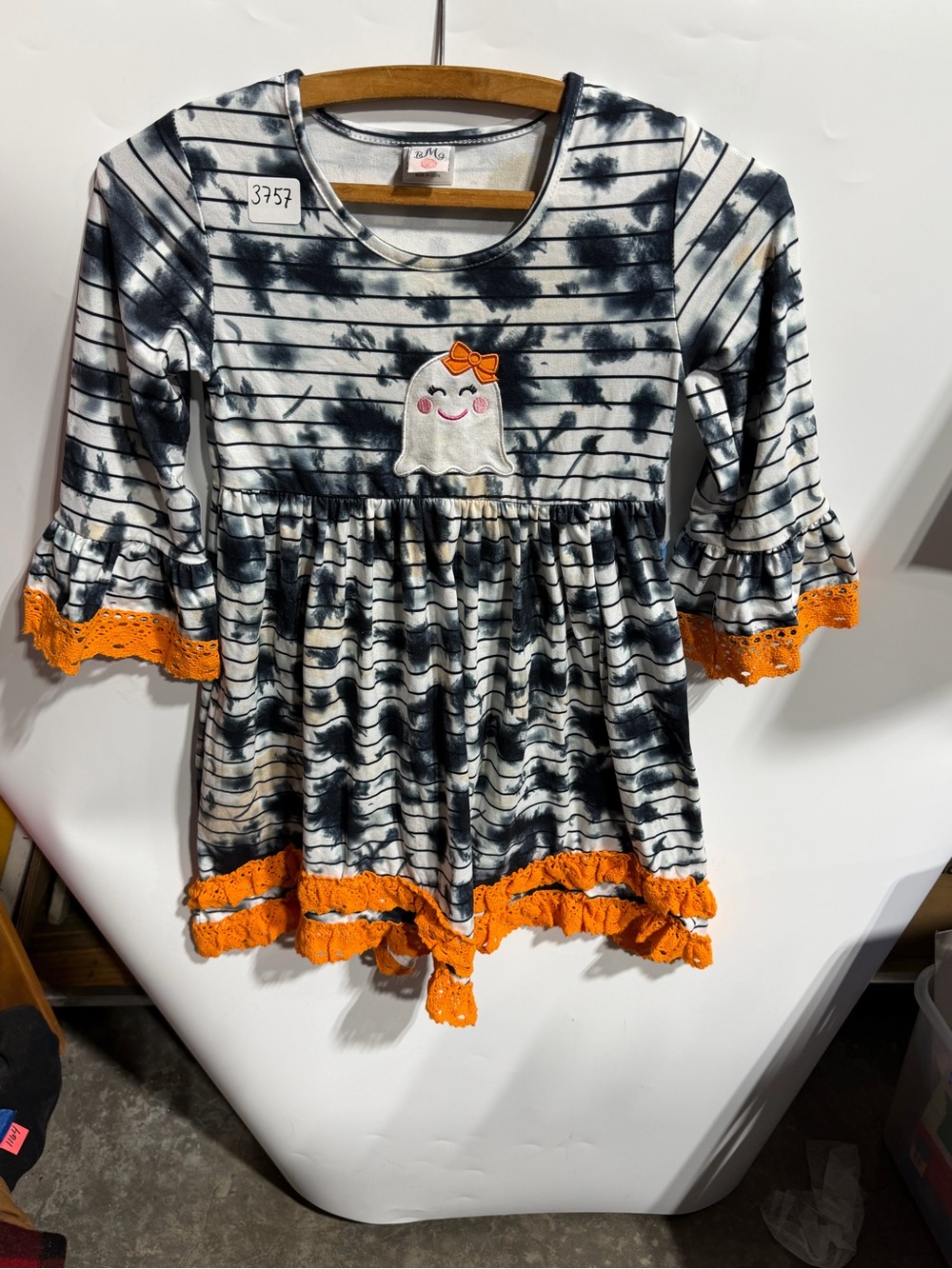 #3757-Girls Black & White Tie-Dye Ghost Tank Dress with Orange Trim